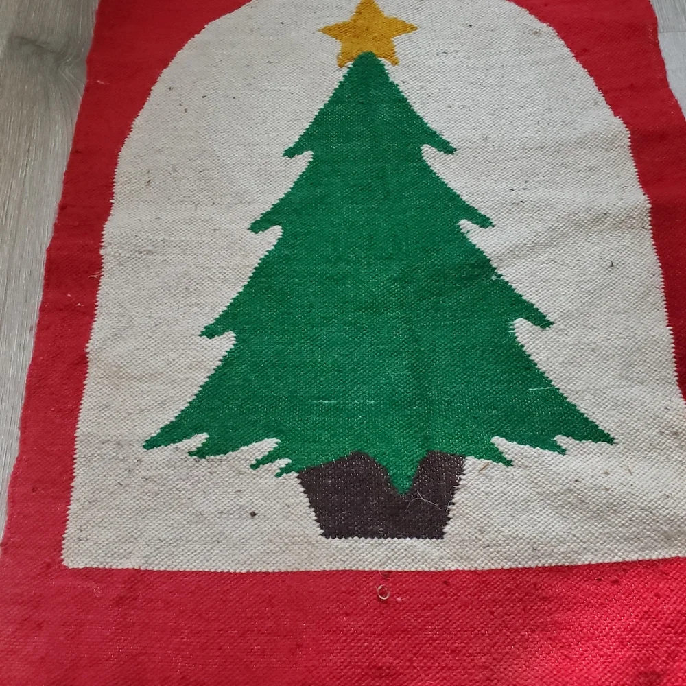 Vintage Fringe Christmas Tree Rug Wool Rectangular Simplistic Rugged Nice As Is